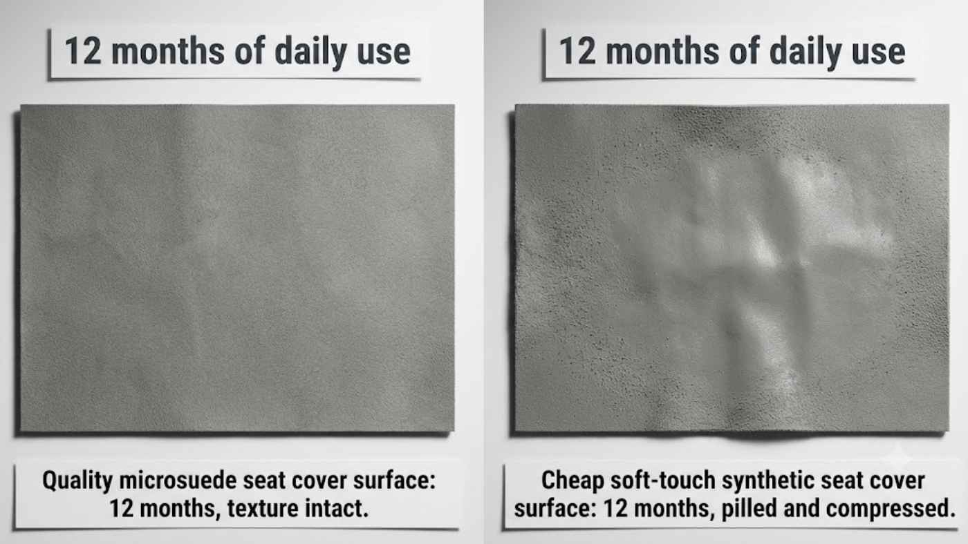 Quality microsuede seat cover retains its soft texture after 12 months, unlike cheap synthetic material that pills and flattens.
