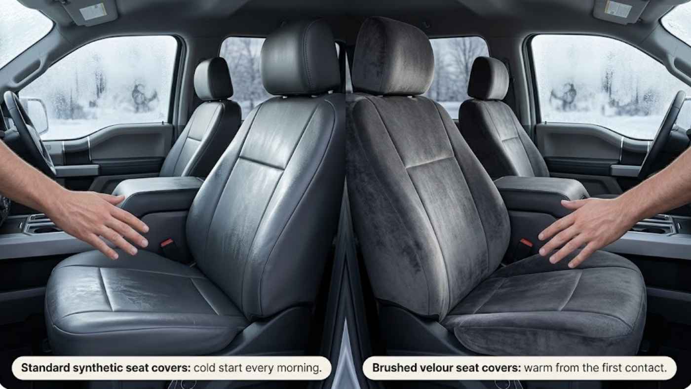 Brushed velour seat cover feels warm on cold mornings compared with standard synthetic seat covers in winter driving.
