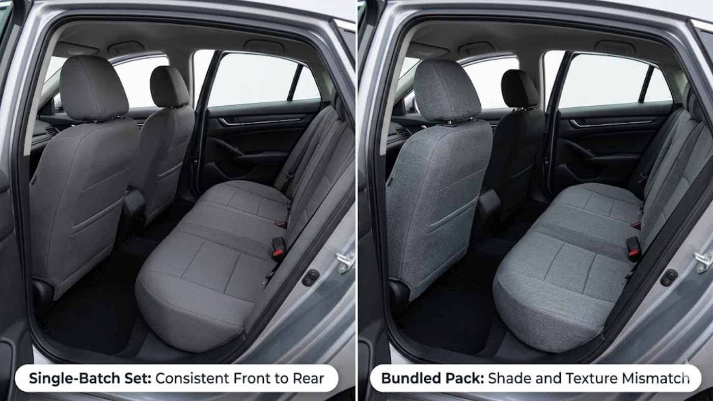 Comparison of matching single-batch seat cover combo pack and bundled set showing front-to-rear color consistency differences.