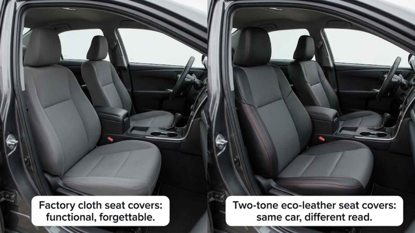 Factory cloth seats compared with two-tone eco-leather sporty seat covers for a cleaner, premium interior upgrade look.