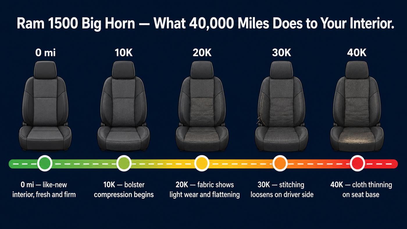 Ram 1500 BigHorn cloth seat wear progression from 0 to 40,000 miles showing bolster compression and fabric thinning.