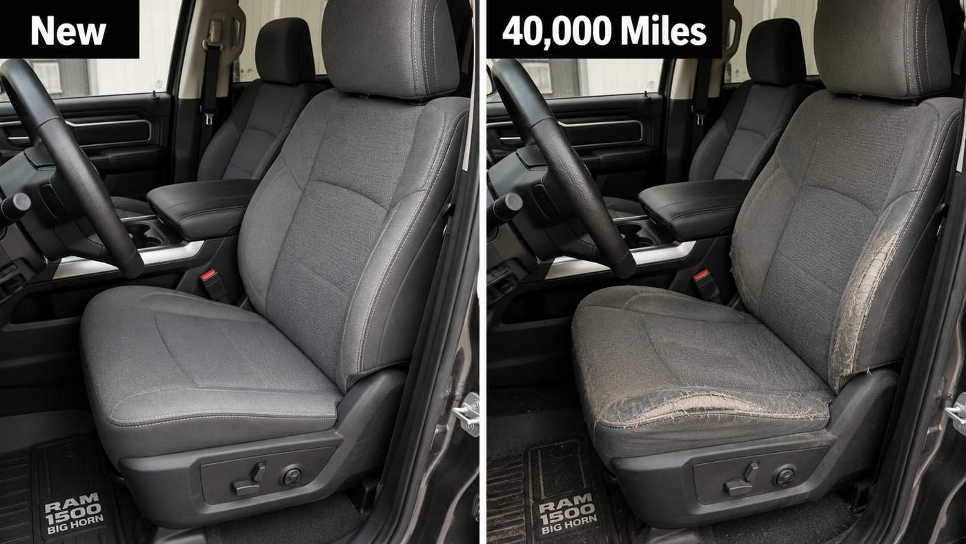 Ram 1500 BigHorn driver cloth seat comparison showing new upholstery versus 40,000-mile bolster and cushion wear.