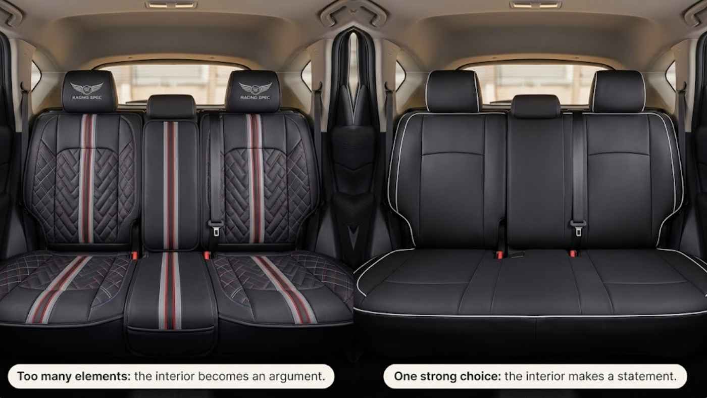 Sporty seat covers showing why a clean eco-leather design creates a sharper interior than busy racing-style patterns.