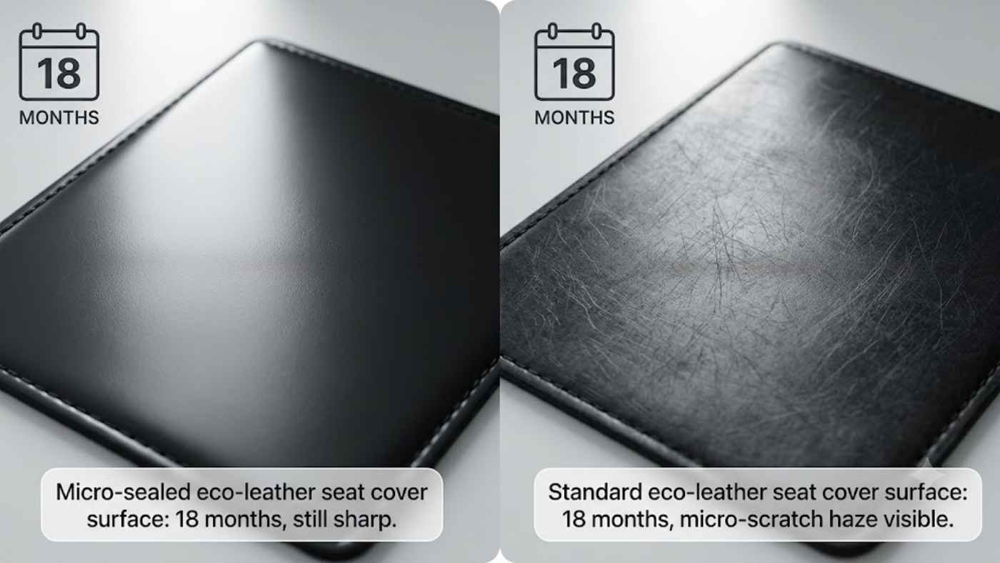 Comparison of micro-sealed and standard eco-leather after 18 months, showing smoother finish with fewer visible scratches.