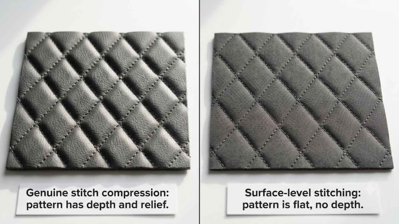 Comparison of genuine quilted stitch compression and flat stitching showing how depth creates a premium seat cover finish.