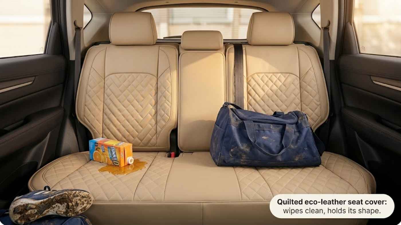 Quilted eco-leather rear seat cover resists spills and daily wear while adding premium texture for family vehicle interiors.