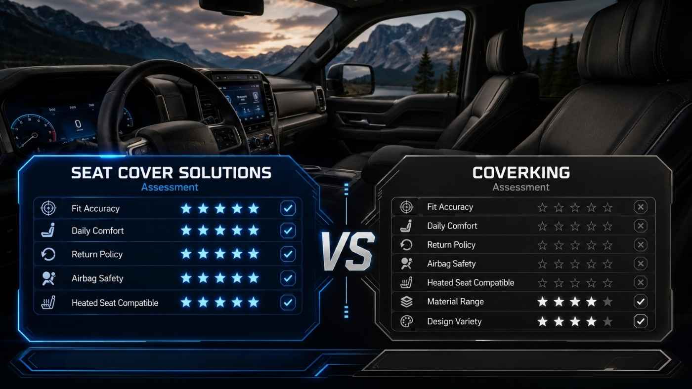 Seat Cover Solutions vs Coverking comparison rating fit, comfort, returns, airbag safety, and heated seat compatibility.