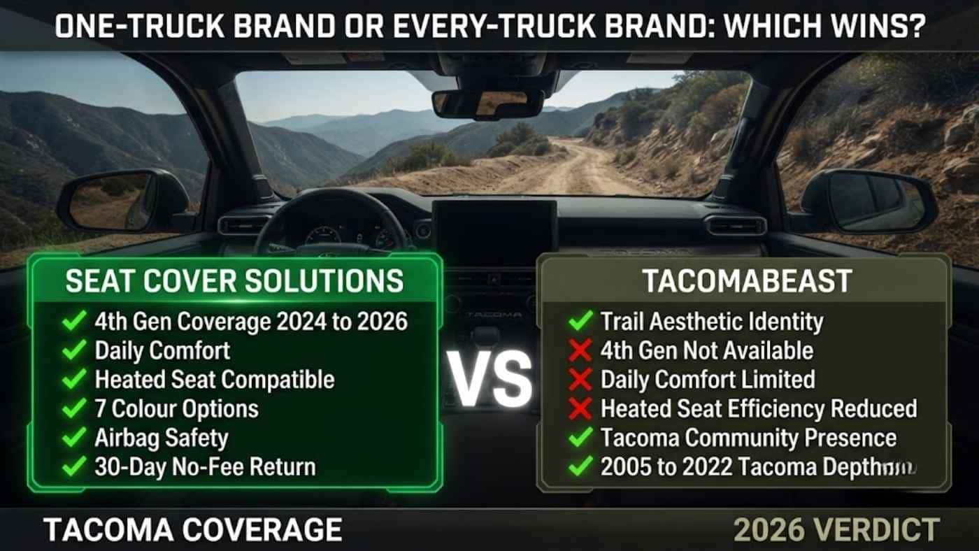 Comparison chart showing Seat Cover Solutions versus Tacomabeast for Toyota Tacoma seat cover features and 2026 coverage.