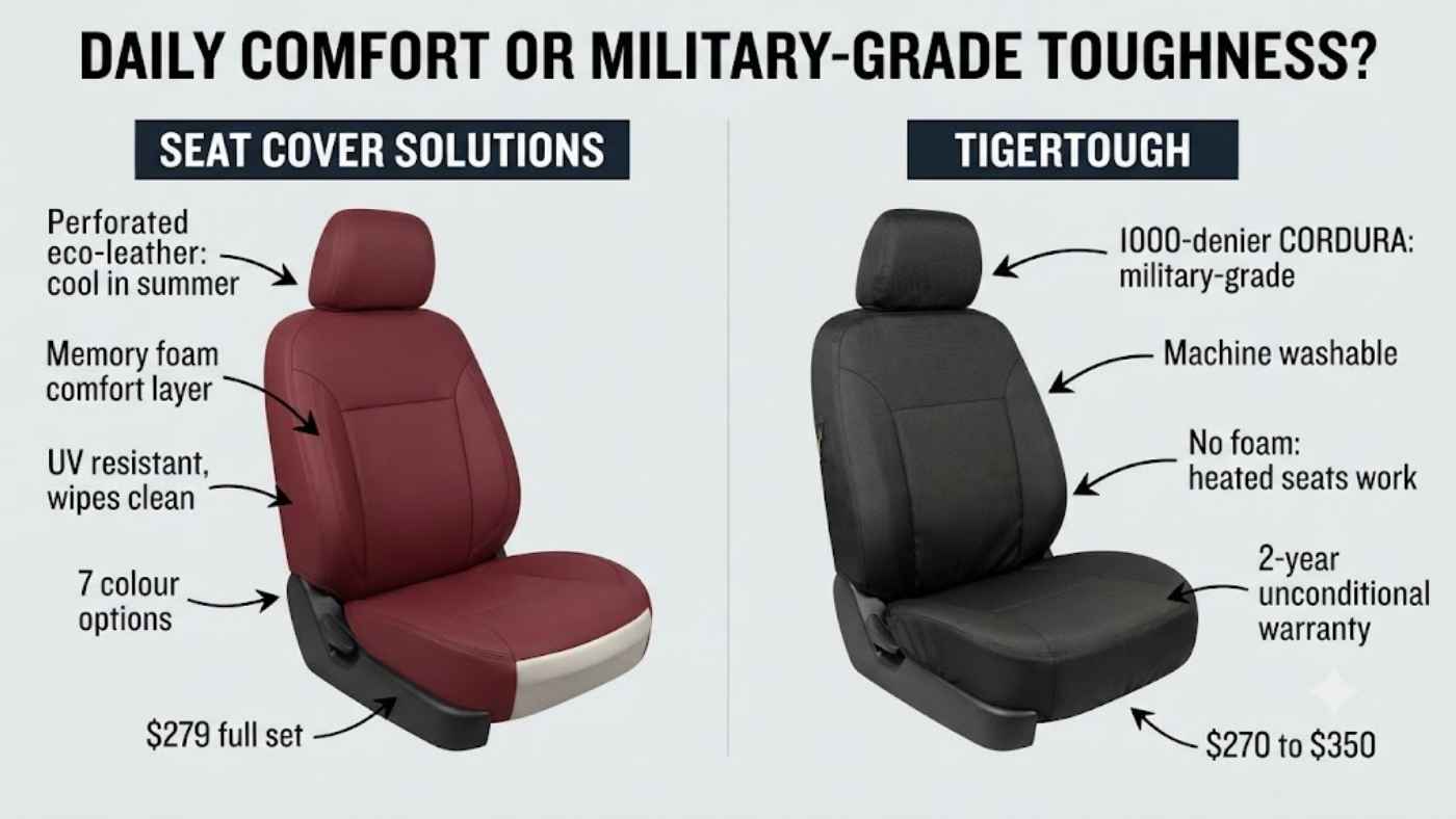Comparison of Seat Cover Solutions and TigerTough highlighting eco-leather comfort versus CORDURA work-ready durability.