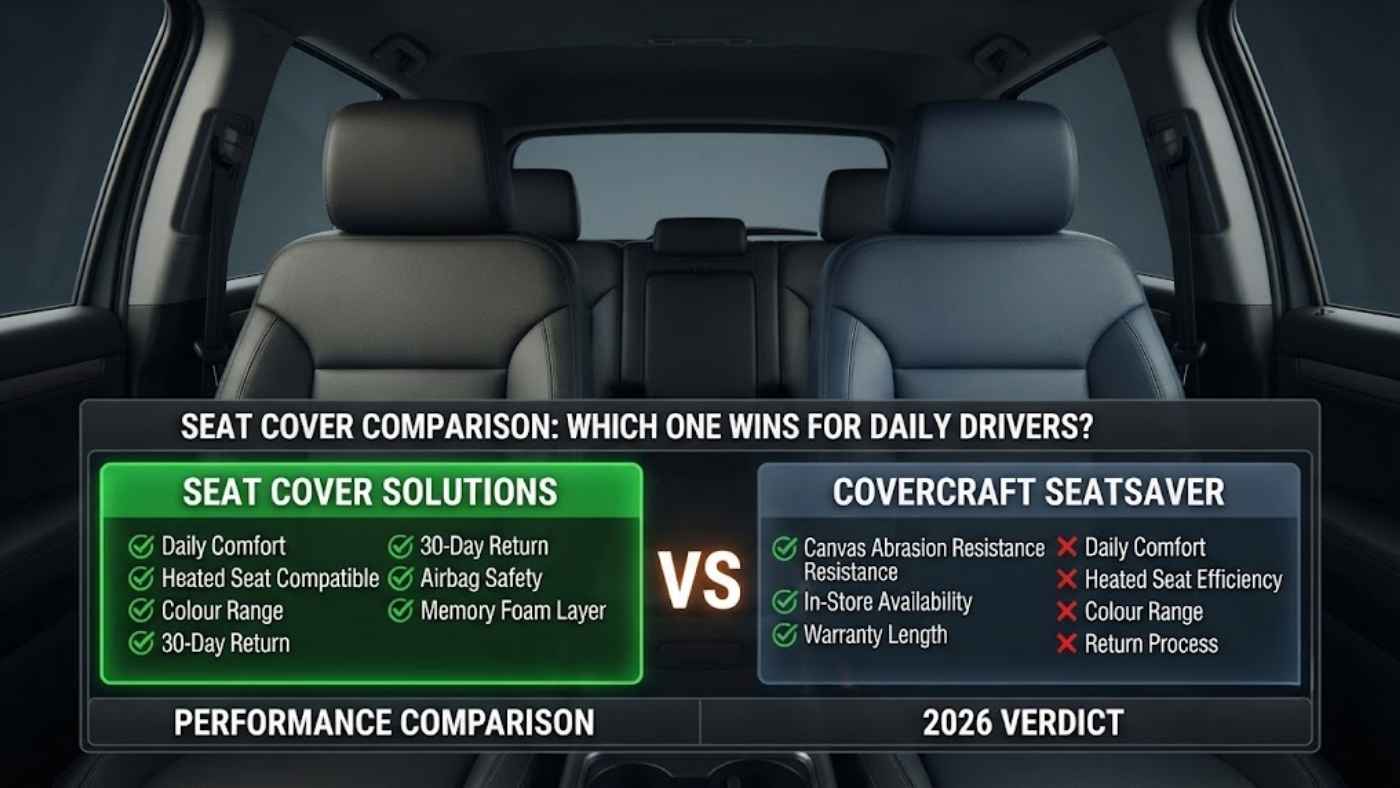Seat Cover Solutions vs Covercraft comparison infographic highlighting comfort, safety, returns and 2026 buying verdict.