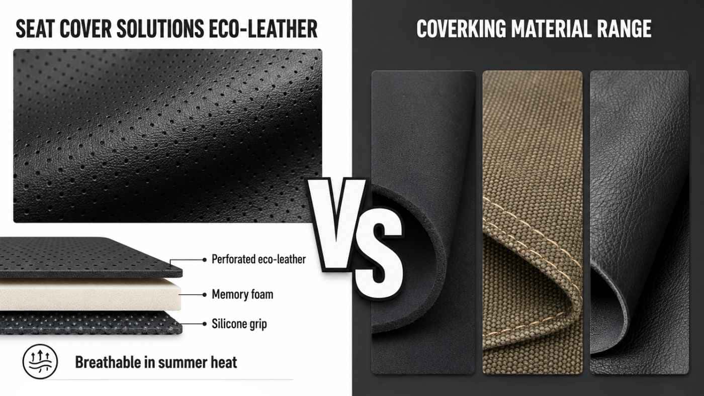 Seat Cover Solutions eco-leather with memory foam compared to Coverking materials for comfort, breathability, and durability.