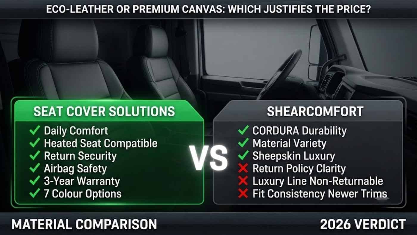 Comparison graphic showing Seat Cover Solutions vs ShearComfort features, warranty, comfort, safety, and material strengths.