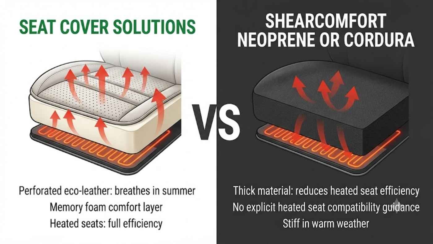 Illustration comparing Seat Cover Solutions vs ShearComfort heated seat performance with eco-leather and CORDURA materials.