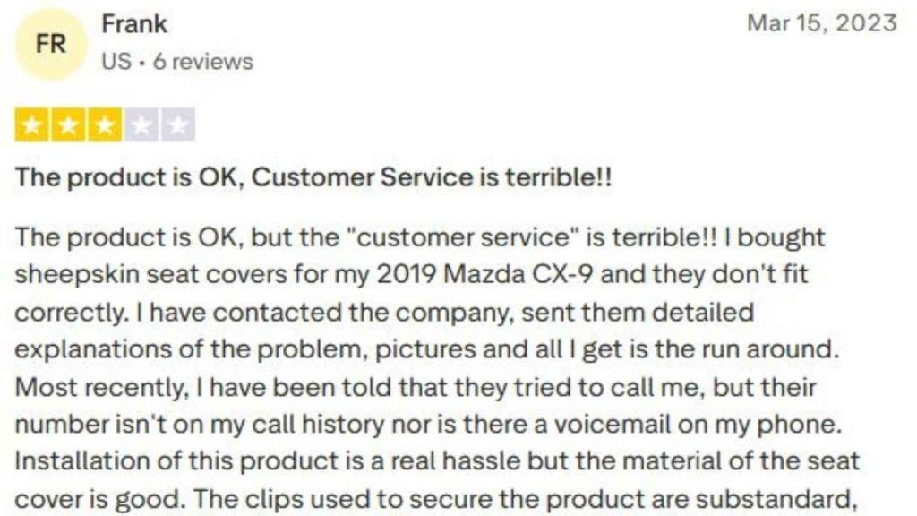 Customer review describing ShearComfort seat cover fit problems and customer service complaints from a Mazda CX-9 owner.
