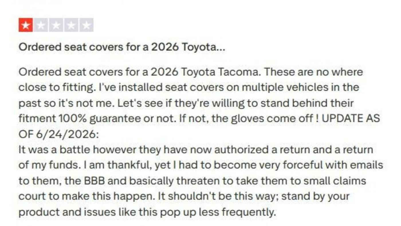 Customer review describing ShearComfort seat covers with poor fit on a 2026 Toyota Tacoma and return difficulties.