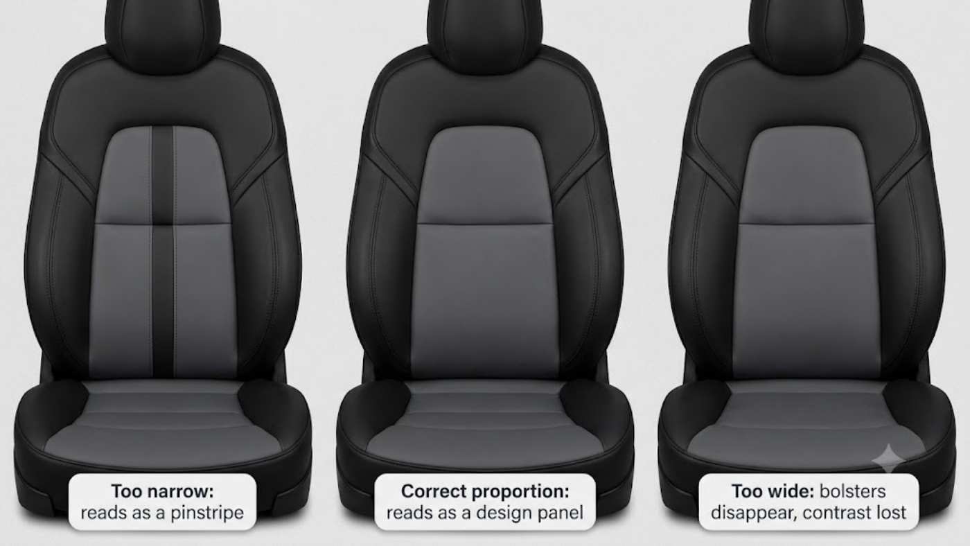 Comparison of dual-tone car seat cover panel widths showing narrow, balanced, and wide centre panels for proper design contrast.