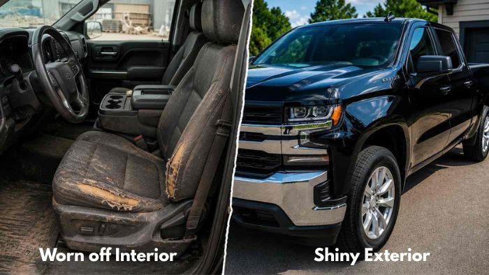 Worn Chevy Silverado 1500 driver seat beside clean exterior highlighting real owner wear in the interior durability comparison.