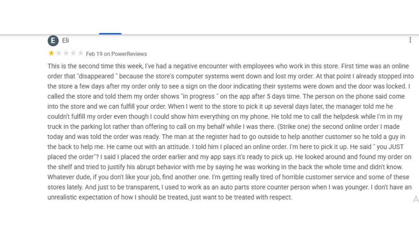 Advance Auto Parts customer review describing order delays, poor service, and pickup issues during the buying process