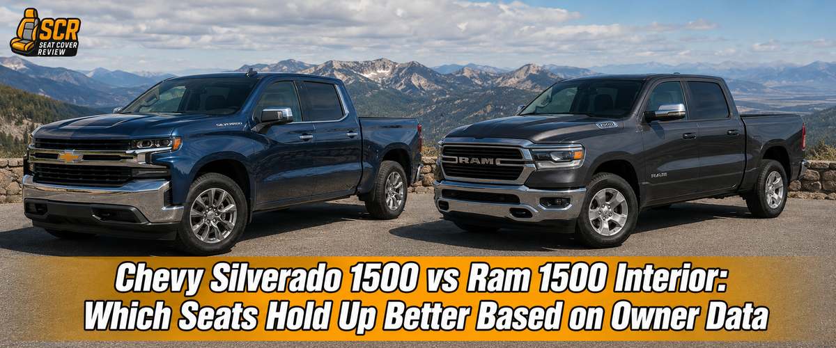 Blue Chevy Silverado 1500 and gray Ram 1500 illustrating interior seat durability comparison based on owner data.
