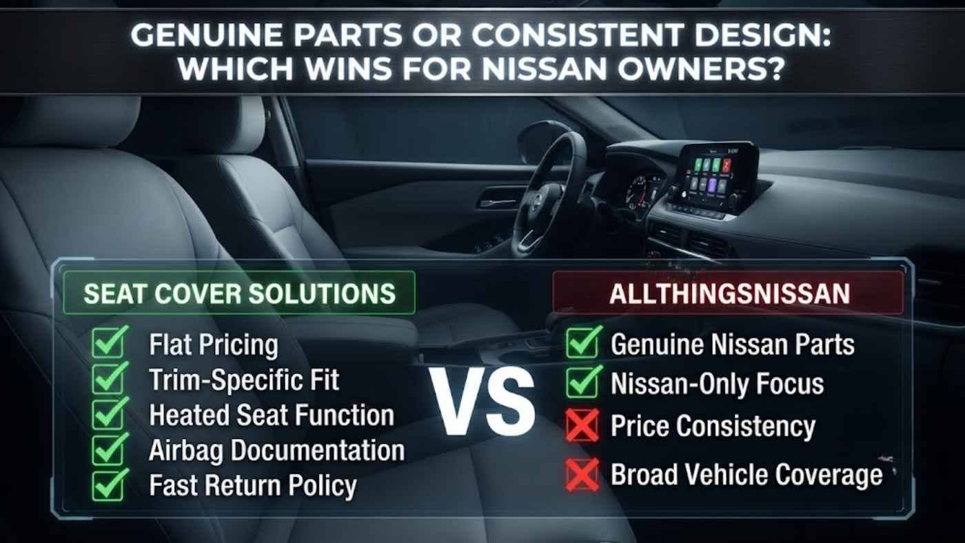 Comparison chart summarizing Seat Cover Solutions and Allthingsnissan on price, fit, materials, warranty, and owner reviews.