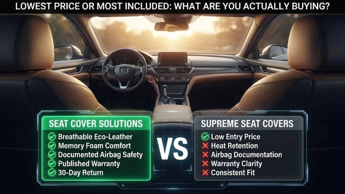 Comparison chart summarizing Seat Cover Solutions and Supreme Seat Covers on price, materials, fit, and owner satisfaction.