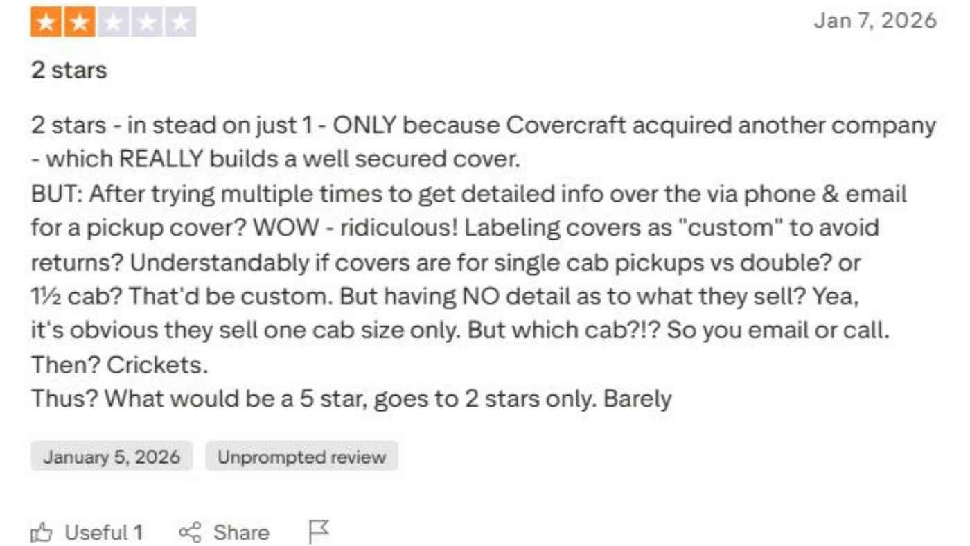 Covercraft customer review citing poor support, unclear product details and difficulties with custom cover returns.