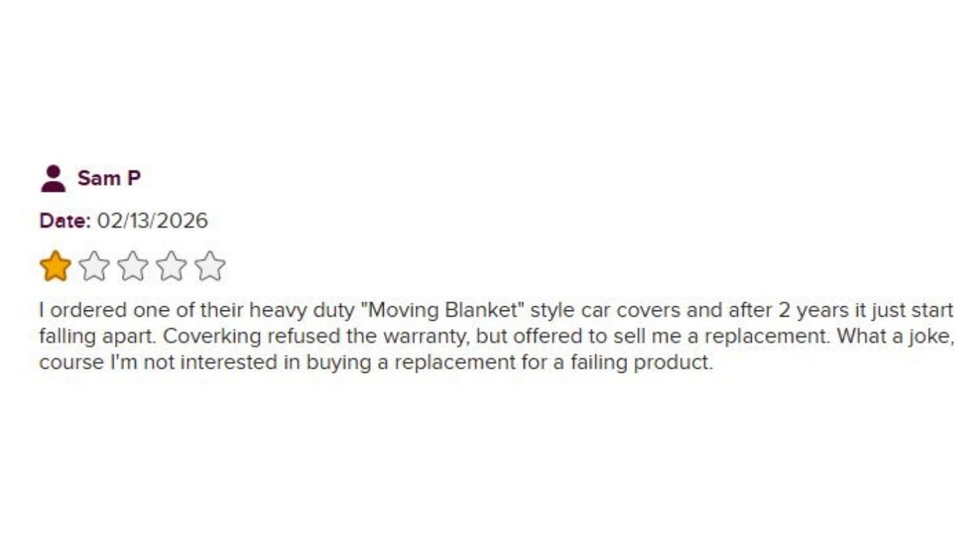 Coverking customer review highlighting a denied warranty claim after seat cover wear from two years of use.