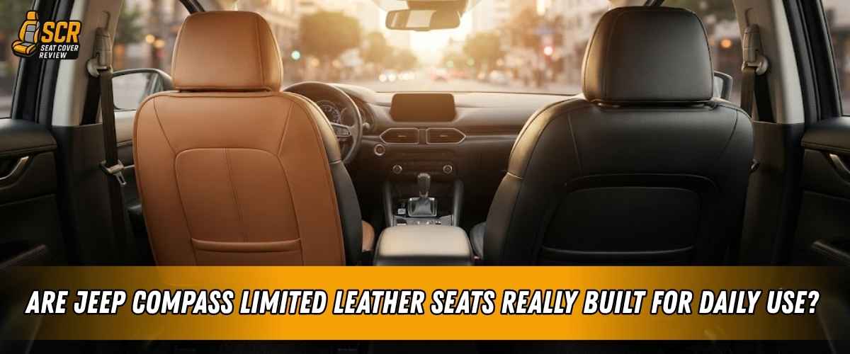 Tan and black Jeep Compass Limited leather seats inside the cabin, spotlighting daily wear and long-term durability.