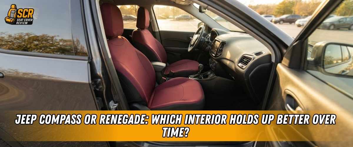 Jeep SUV cabin with red seat covers, comparing how Jeep Compass and Renegade interiors withstand years of daily use.