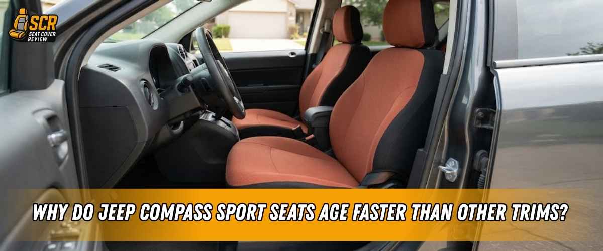 Front view of Jeep Compass Sport seats showing base cloth upholstery prone to early wear, pilling and daily commuter use.