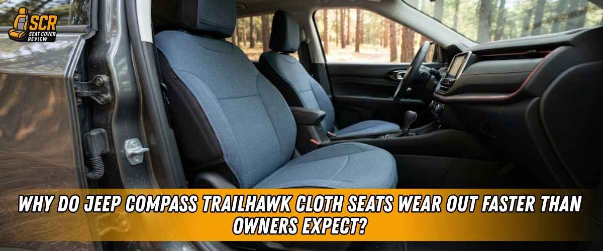 Jeep Compass Trailhawk cloth front seats shown inside the cabin, highlighting why the fabric wears faster than expected.