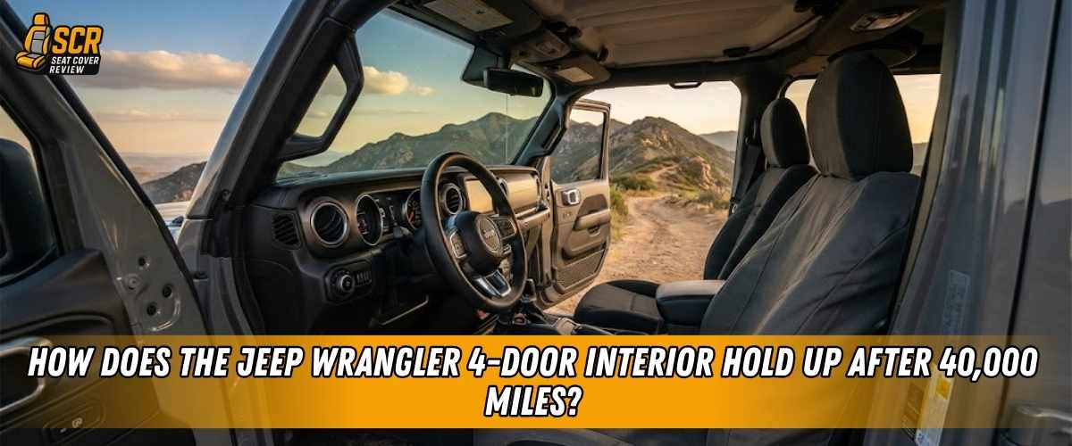 Jeep Wrangler 4-Door interior with open doors and black seats, highlighting wear from sun, dust, rain, and 40,000 miles.