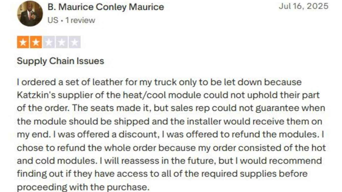 Trustpilot review highlighting a Katzkin customer complaint about supply delays and heated seat module installation issues.