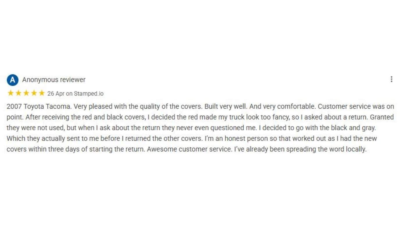 Positive Seat Cover Solutions feedback from a verified buyer praising installation ease and seat cover quality over time