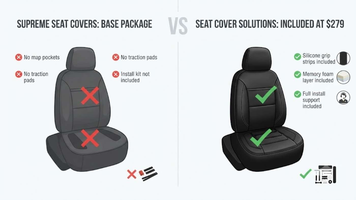 Price comparison showing Supreme Seat Covers budget universal sets against the Seat Cover Solutions trim-specific full set.