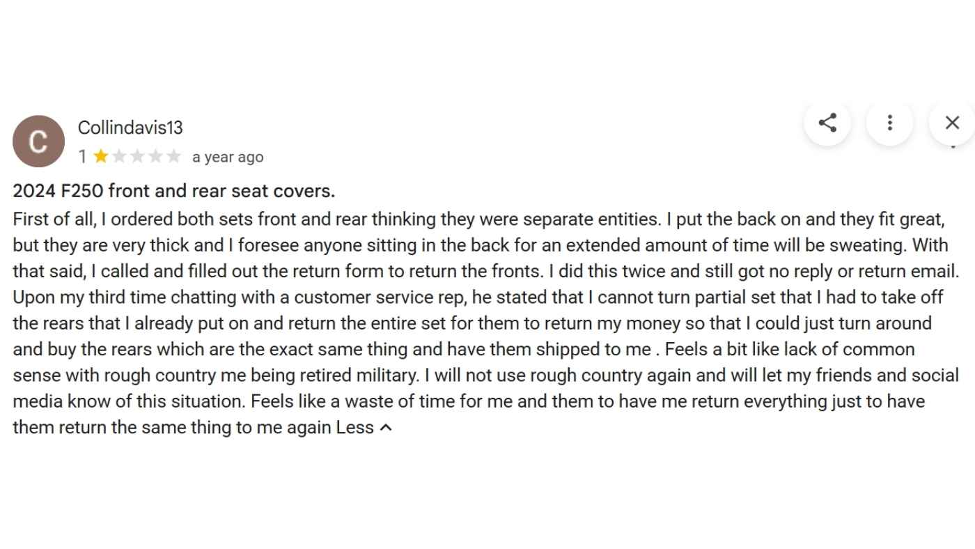 Customer review describing PRP seat cover fit, thickness, return issues, and rear seat comfort on a 2024 Ford F250.