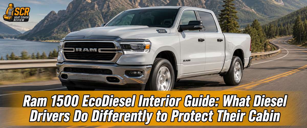 White Ram 1500 EcoDiesel truck highlighting Ram 1500 EcoDiesel interior care for high-mileage highway driving and comfort.
