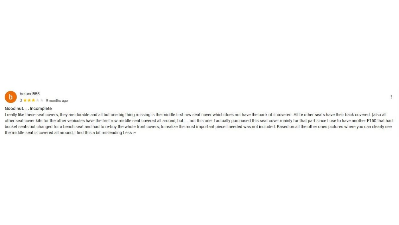 Customer review noting Rough Country seat cover durability while raising concerns about rear seat coverage and fitment