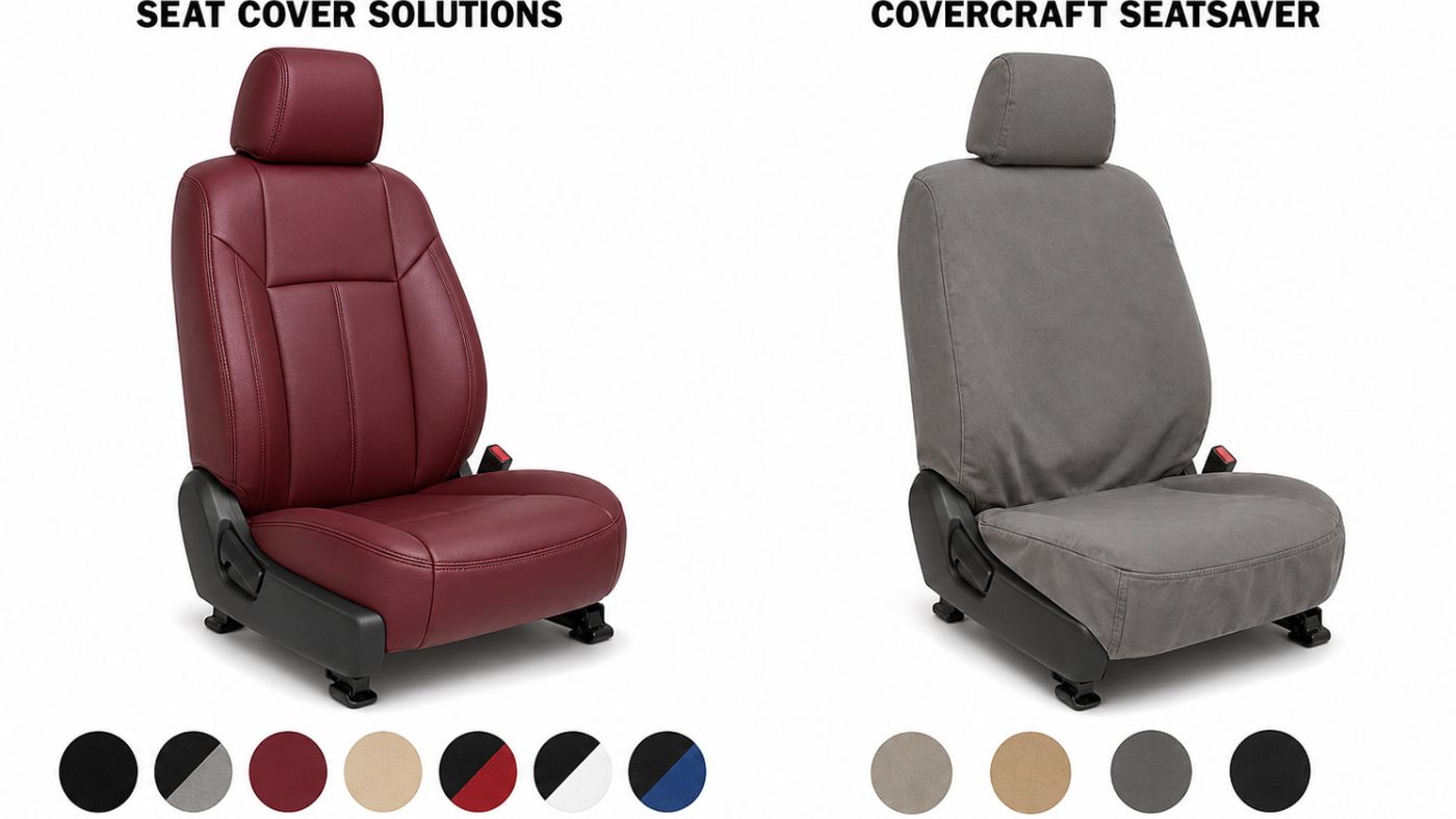 Seat Cover Solutions eco-leather and Covercraft SeatSaver canvas seat covers compared for colours, fit and comfort.