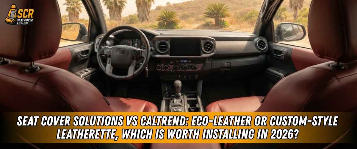 Seat Cover Solutions trim-specific eco-leather seat covers compared with CalTrend custom-style leatherette in a vehicle cabin.