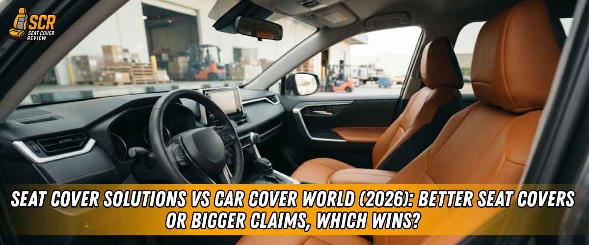 Car interior with tan seat covers comparing Seat Cover Solutions vs Car Cover World for custom fit seat cover review.