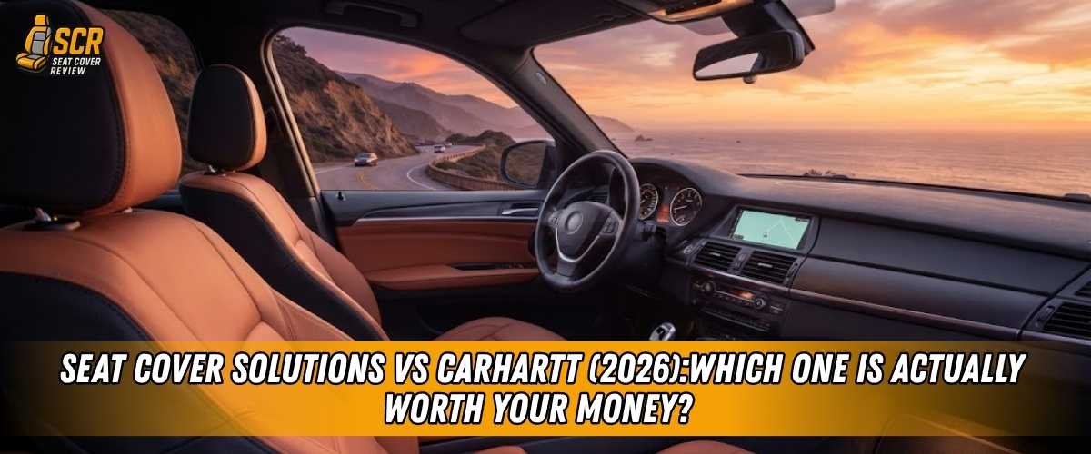 Seat Cover Solutions vs Carhartt 2026 comparison featuring a luxury car interior with tan and black seat covers.