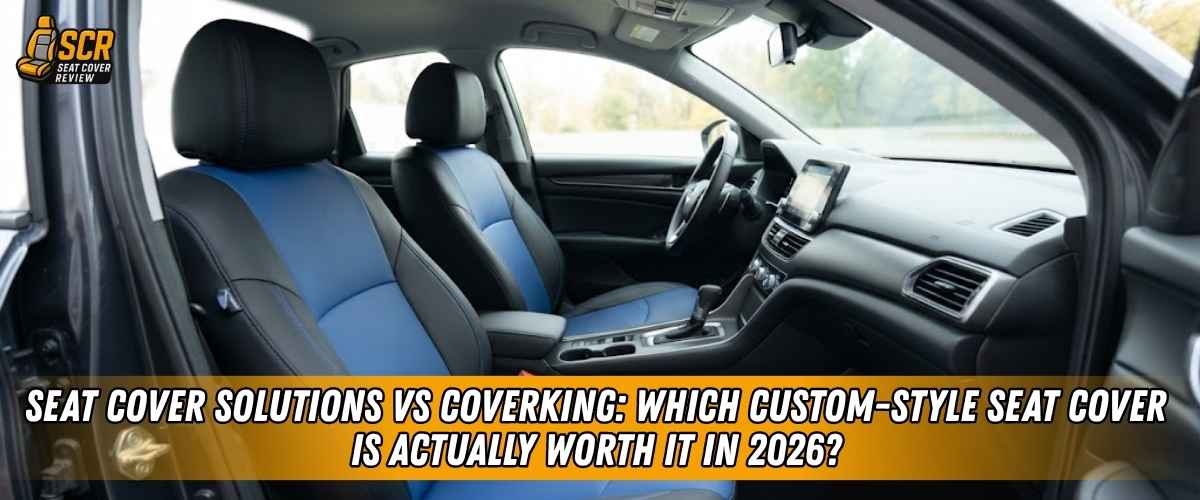 Car interior with fitted front seat covers comparing Seat Cover Solutions vs Coverking for fit, comfort, and value in 2026.