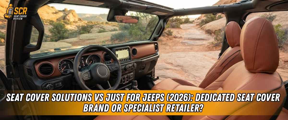 Jeep interior with tan seat covers on a rocky trail comparing Seat Cover Solutions vs Just For Jeeps in 2026 review.
