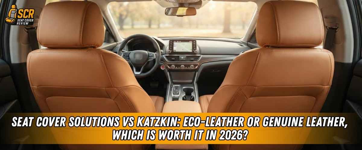 Front view of tan leather car seats comparing Seat Cover Solutions vs Katzkin eco-leather and genuine leather upgrades.