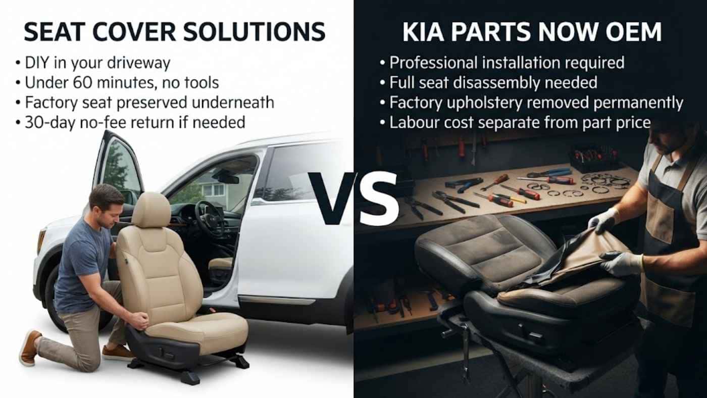 Seat Cover Solutions vs Kia Parts comparison showing DIY seat cover installation versus OEM seat replacement process.