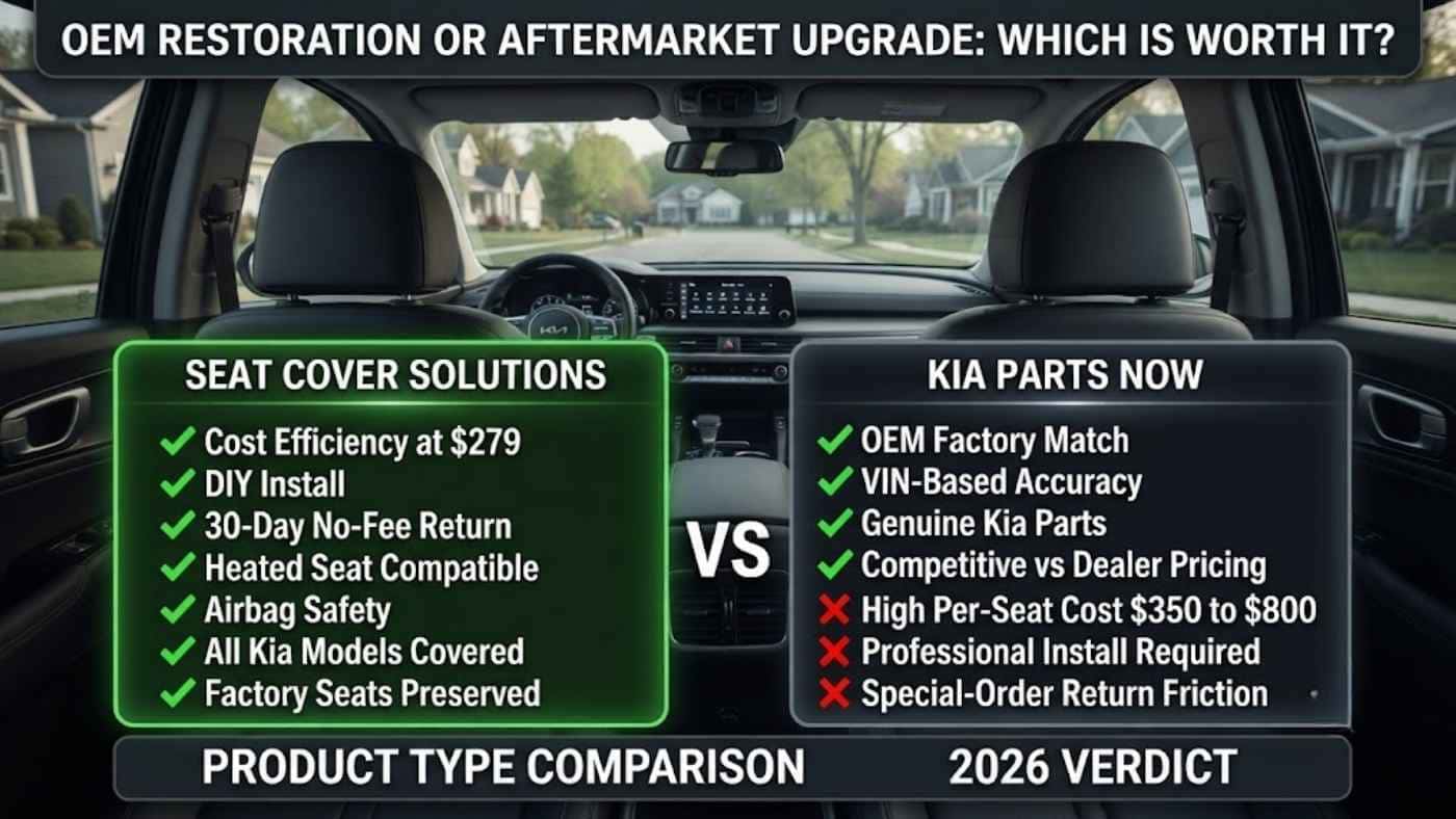 Seat Cover Solutions vs Kia Parts infographic comparing OEM seats, eco leather covers, and installation.