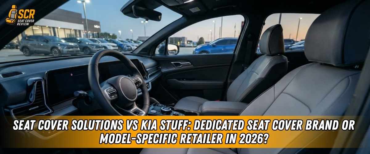 Car interior with fitted seat covers illustrating Seat Cover Solutions vs Kia Stuff comparison for Kia owners.
