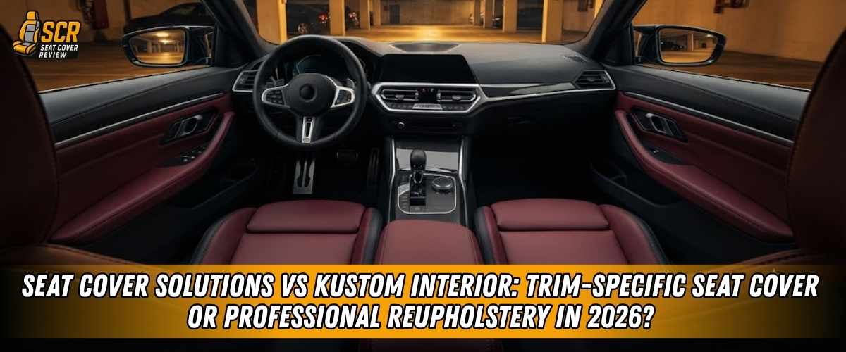 Car interior with burgundy seats for Seat Cover Solutions vs Kustom Interior trim-specific seat cover comparison.