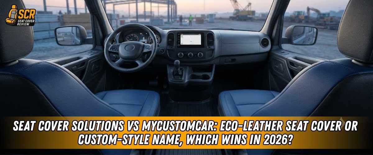 Interior view of custom blue seat covers comparing Seat Cover Solutions eco-leather with MyCustomCar for 2026 buyers.